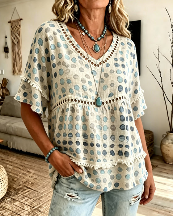 Blouse Frange Col En V À Pois Babydoll