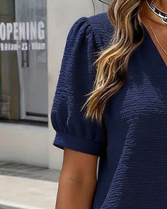 Robe Bulle Manche Col En V Bouton