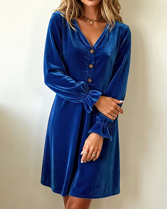 Robe Col En V Bouton Volant Plissé