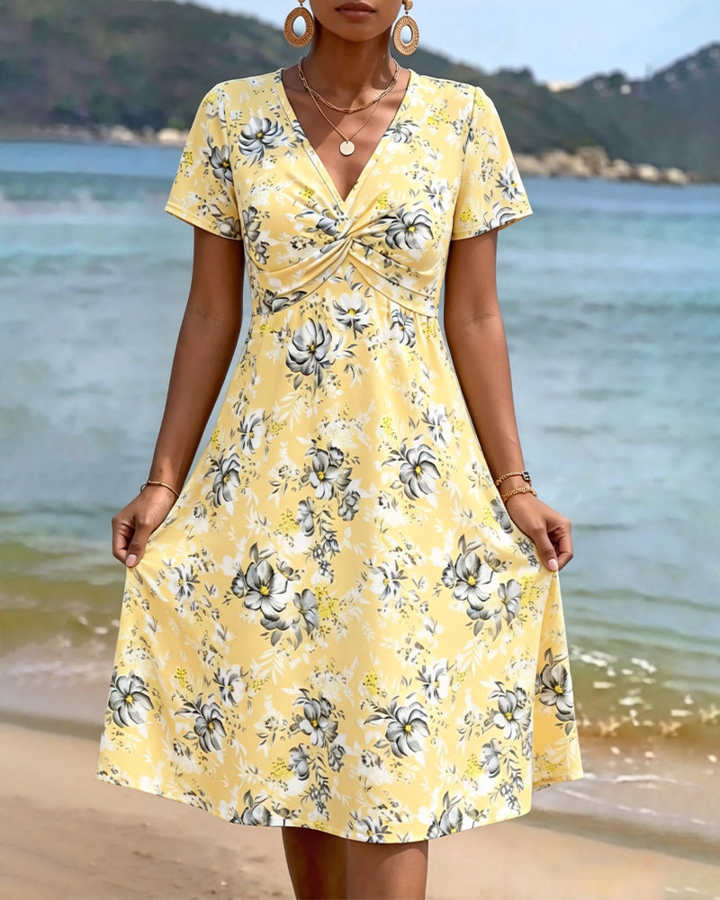 Robe Florale Col V Twist Nœud