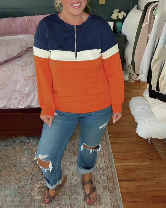 Sweatshirt À Fermeture Éclair, Col Montant Et Bloc De Couleurs Manches Longues