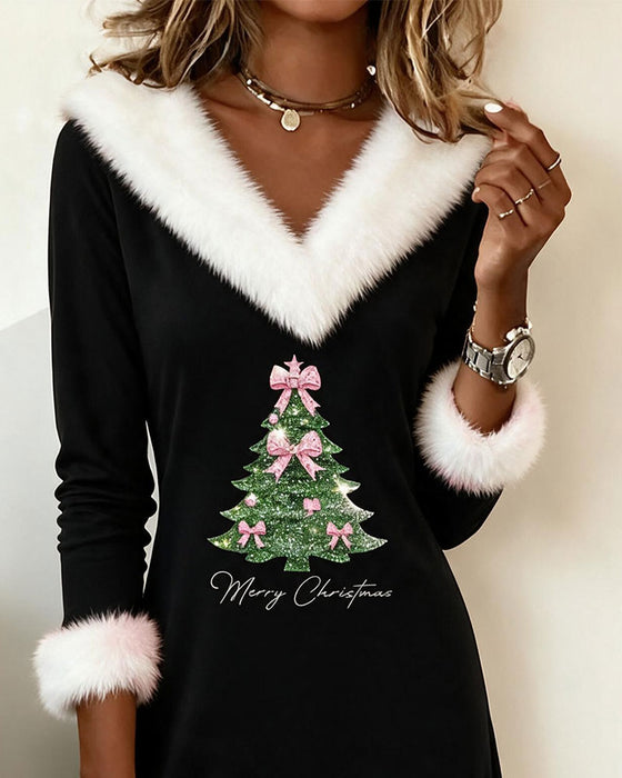 Robe Col En V Fausse Fourrure Coupe Ajustée Sapin De Noël