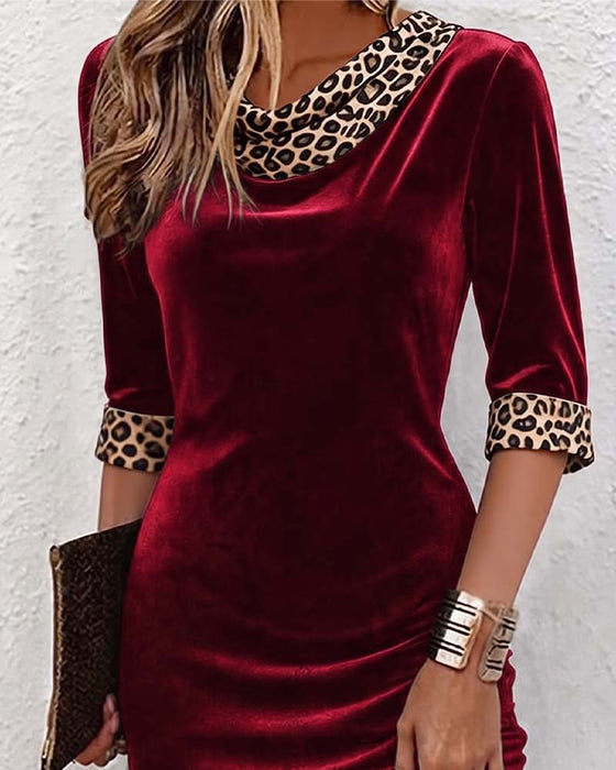 Robe Drapée Col Cowl Léopard Imprimé Demi-Manches Ajustée