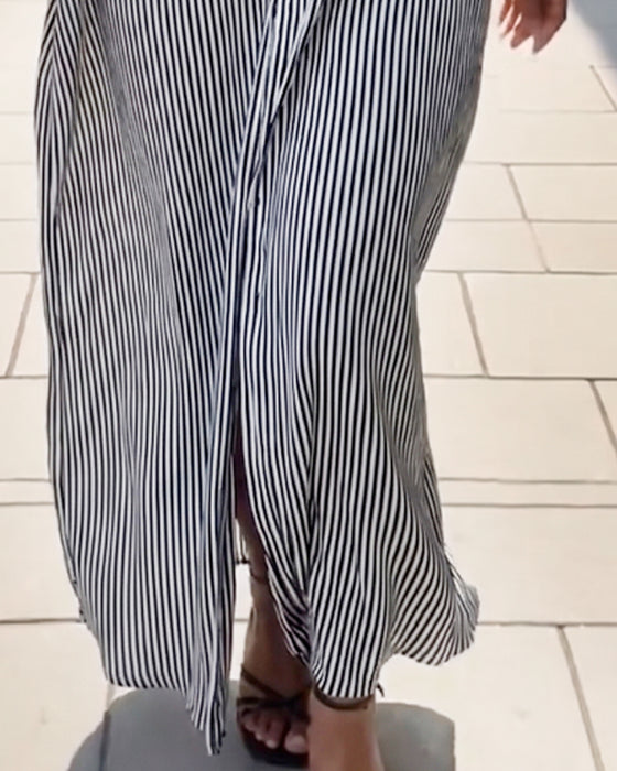 Robe Manches Longues Revers Lâche Rayée Chemise