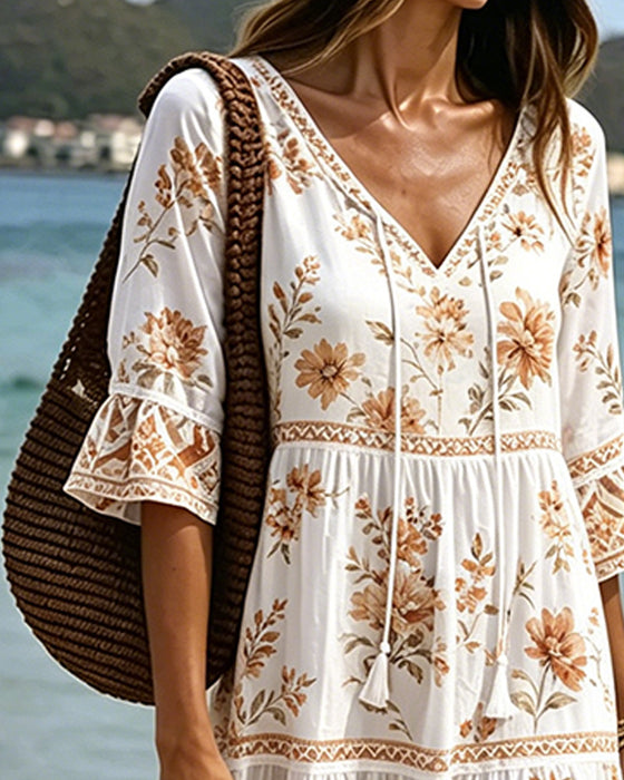 Robe Col V Patchwork Floral Vacances