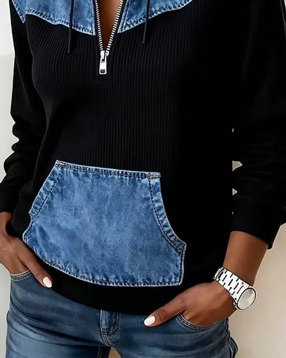 Sweat à Capuche Fermeture Éclair Denim Patchwork