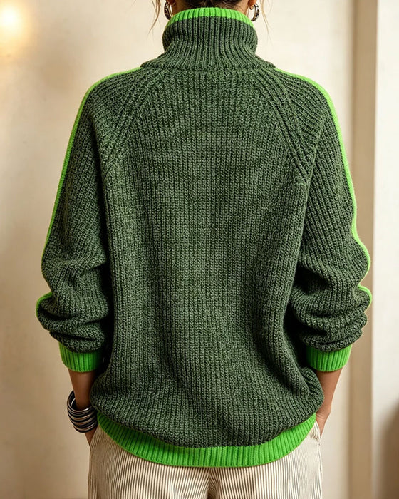 Pull Col Roulé Contraste Manches Raglan
