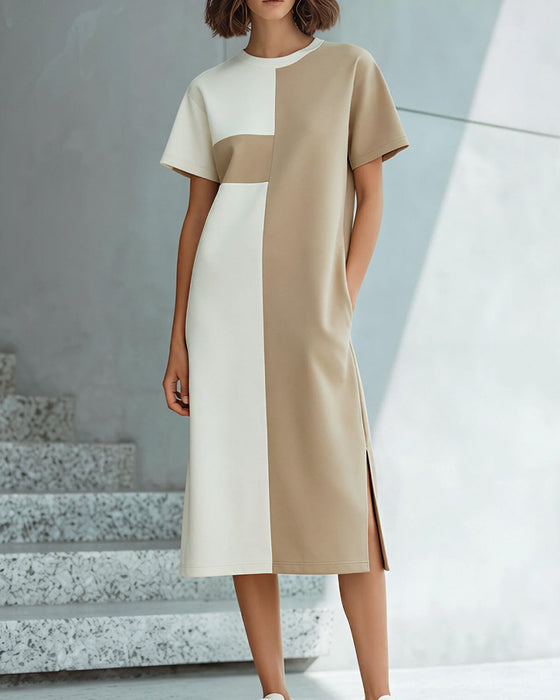 Robe Color-Block Manche Courte Fente Mi-Longueur