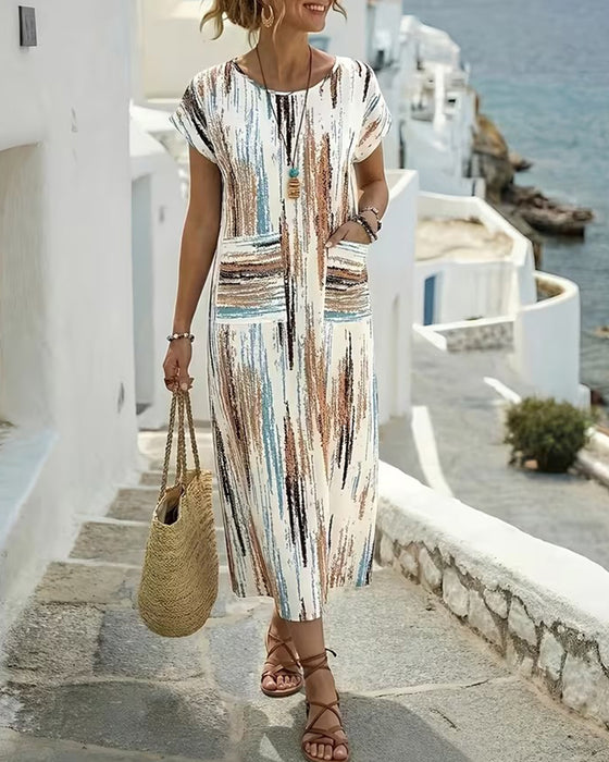 Robe Col Rond Rayure Verticale Imprimé