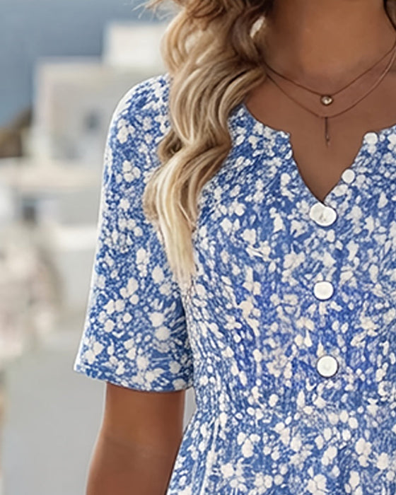 Robe Col V Manches Courtes Fleurie