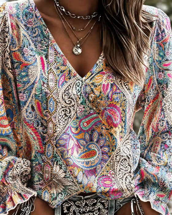 Blouse Col V Bohème Manche Bouffante