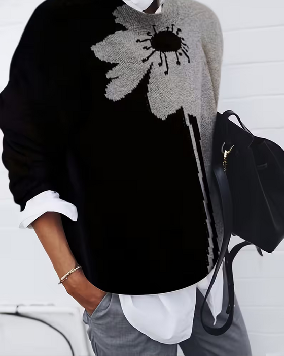 Pullover Bloc-Couleur Grand Floral Jacquard Col Rond