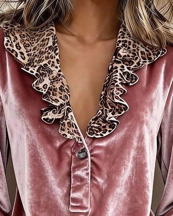 Blouse Col En V Léopard Imprimé Volant Manche