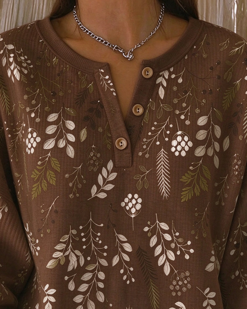 Sweatshirt Gaufré Col Henry Imprimé Floral