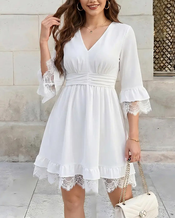Robe Col En V Unie Dentelle Patchwork