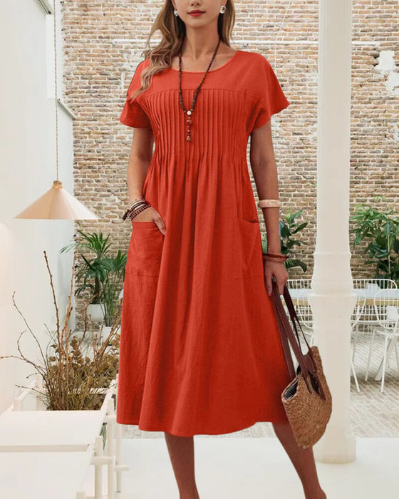 Robe Plissée Manches Courtes Coton Et Lin
