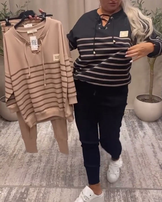 Ensemble Deux Pièces Décontracté Pantalon De Sport Rayé À La Cheville