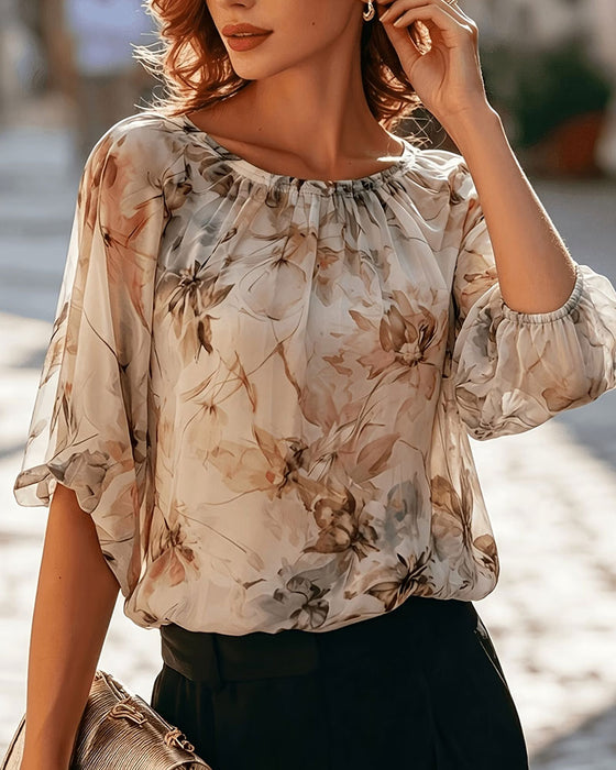 Blouse Lavis Encre Florale Manche Bouffante