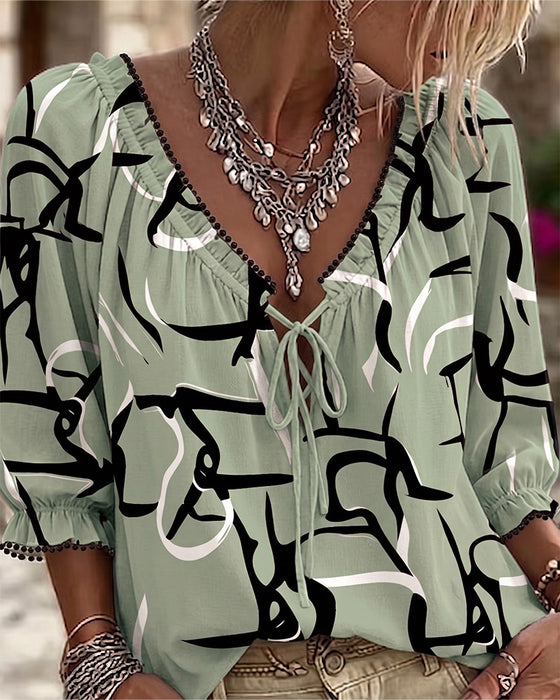 Blouse Imprimé Abstrait Col En V Lacets