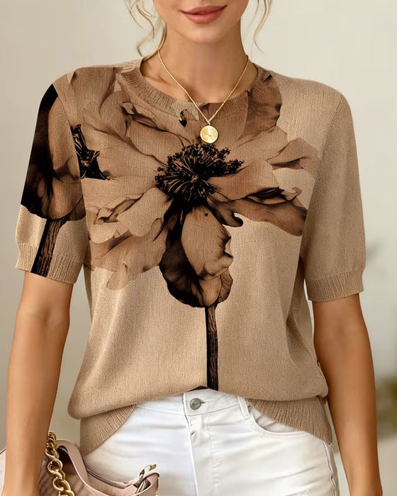 Pull-Over Motif Fleuri Tissé Manches Courtes