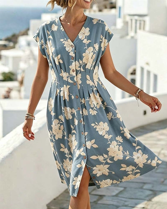 Robe Col En V Imprimé Taille Cintrée Boutonnage Devant