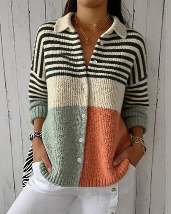 Veste Revers Bouton Rayure Bloc De Couleur