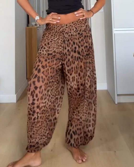 Pantalon Taille Élastique Imprimé Léopard Jambe Large Long