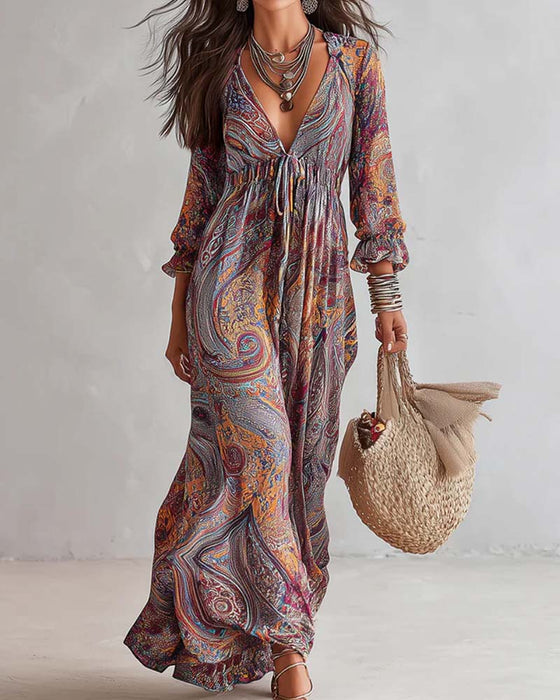 Robe Col En V Froncée Manches Ballon Jupe Ample