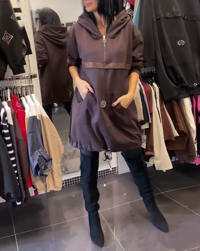 Robe Tendance À Demi-Fermeture Éclair Et Capuche