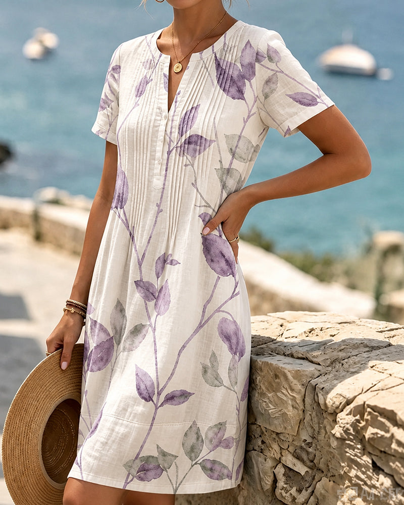 Robe Froncée Imprimé Feuille Manches Courtes Mini