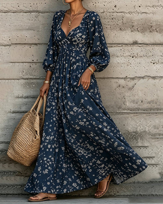 Robe Froncée Florale Manche Bouffante Jupe Ample