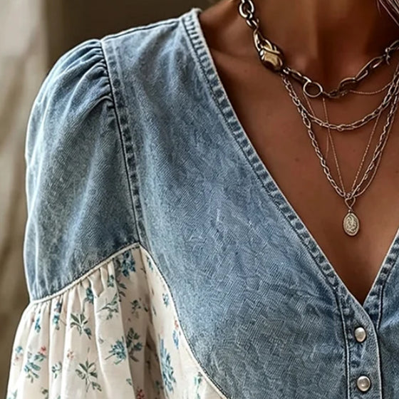 Blouse Col En V Imprimé Fleuri Manches Ballon Denim Panneau