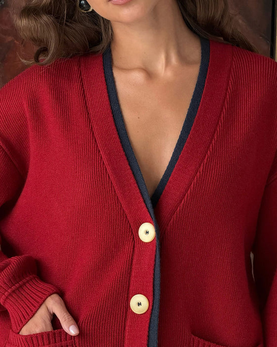 Cardigan Col En V Bouton Bloc De Couleur Poche