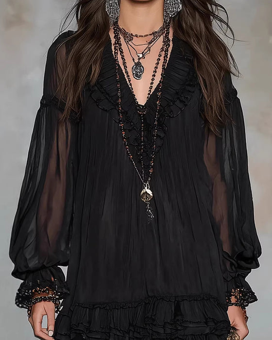 Robe Col V Manche Longue Volant