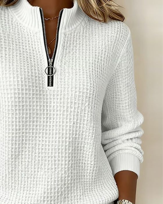 Sweatshirt Col-Debout Fermeture Éclair Manche-Longue Gaufrier