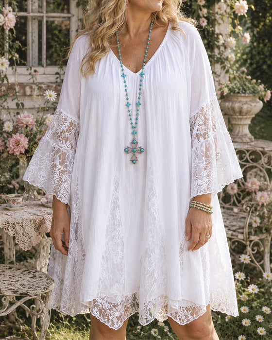 Robe Dentelle Patchwork Col V Élégante