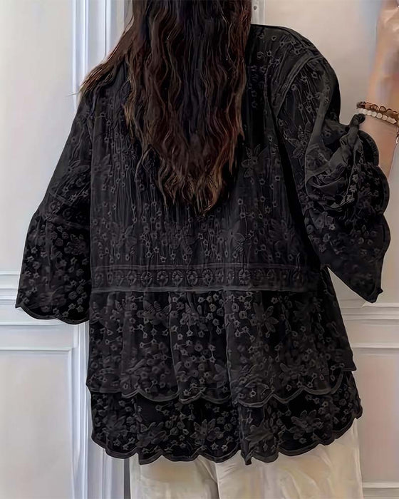 Blouse Manche Courte Dentelle Garniture