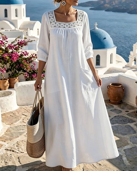 Robe Col Carré Découpé Poche Appliquée Unie
