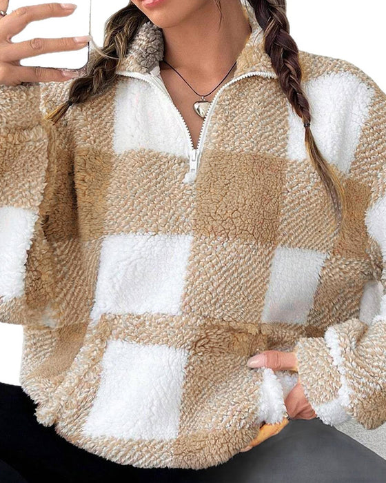 Sweat-Shirt Demi-Zip Col Montant À Carreaux