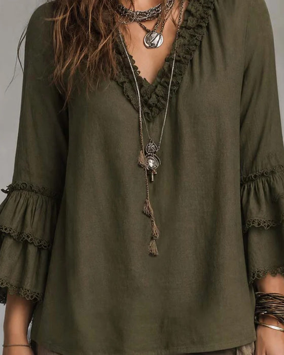 Blouse Col En V Manche Deux Niveaux Volant