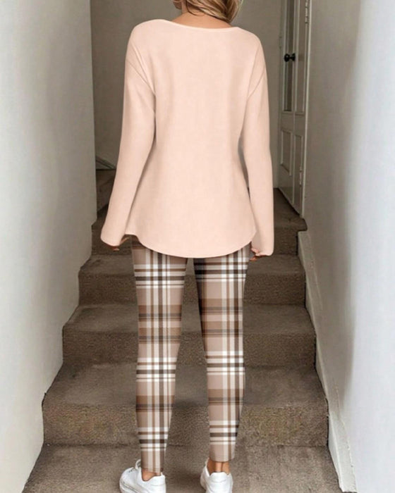 Ensemble Col V Haut Unie + Pantalon Carreau Loungewear
