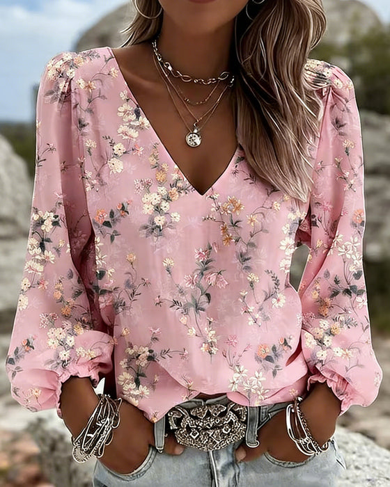 Blouse Fleurie Col V Manches Bouffantes