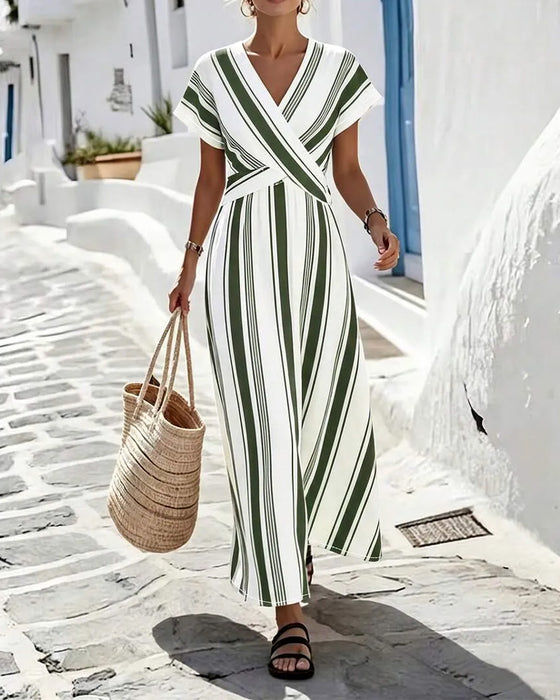 Robe Croix Col V Rayure Enveloppant Longue