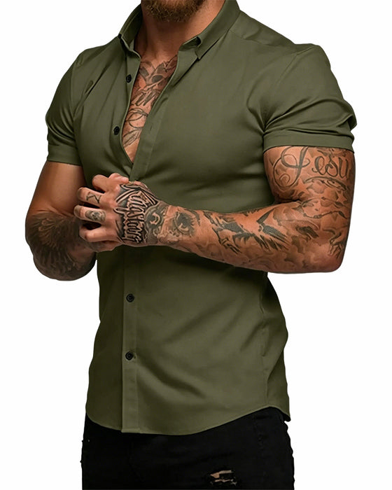 Chemise Haute Élasticité Revers Manches Courtes Homme