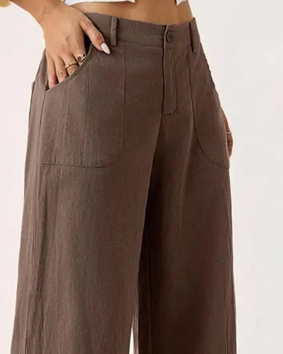 Pantalon Taille Élastique Poche Décontracté Large Jambe