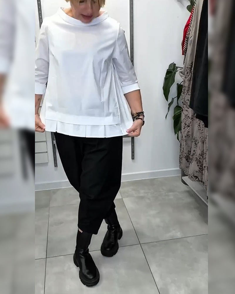 100% Coton Blouse Col Large Couleur Unie Décontracté