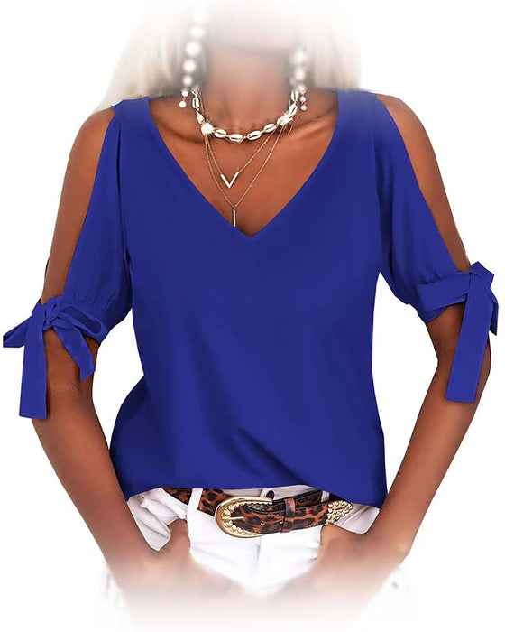 Blouse Col En V Cold Shoulder Nœud Papillon Unie