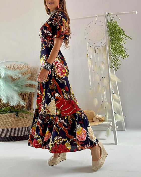 Robe élégante imprimée à col en V et à manches courtes