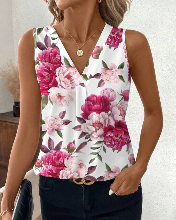 Une Blouse Sleeveless au Col V avec Impression de Roses