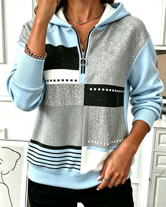 Hoodie Demi Fermeture Éclair Contraste Imprimé Géométrique